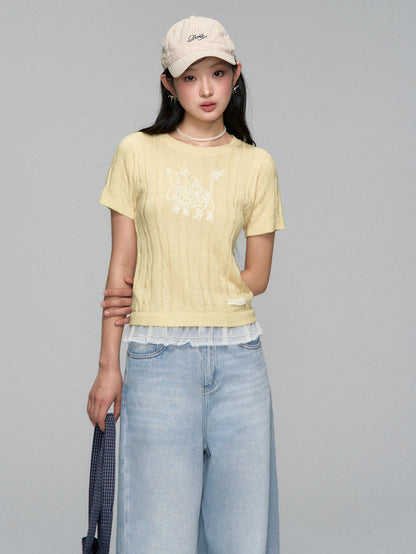 Dog Embroidered Cable Knit T-shirt