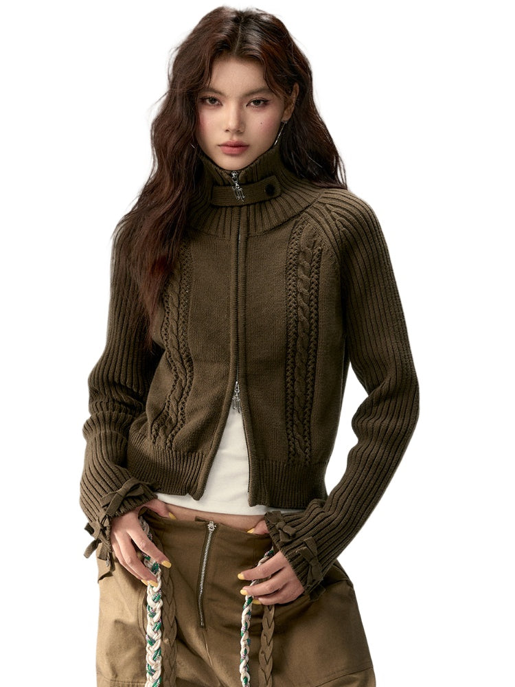 Bowknot Turtleneck Knit Cardigan Sweater - CHINASQUAD