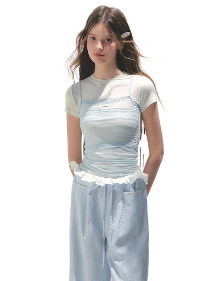Contrast Color Fake Two-piece Mesh Lace Short-sleeve T-shirt - CHINASQUAD