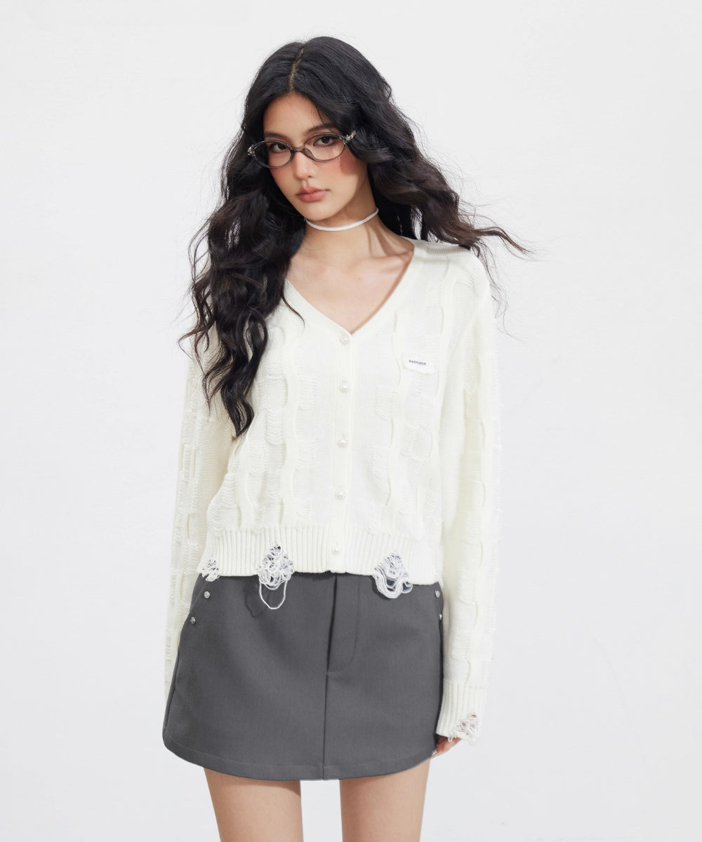 Distressed V-Neck Knit Cardigan