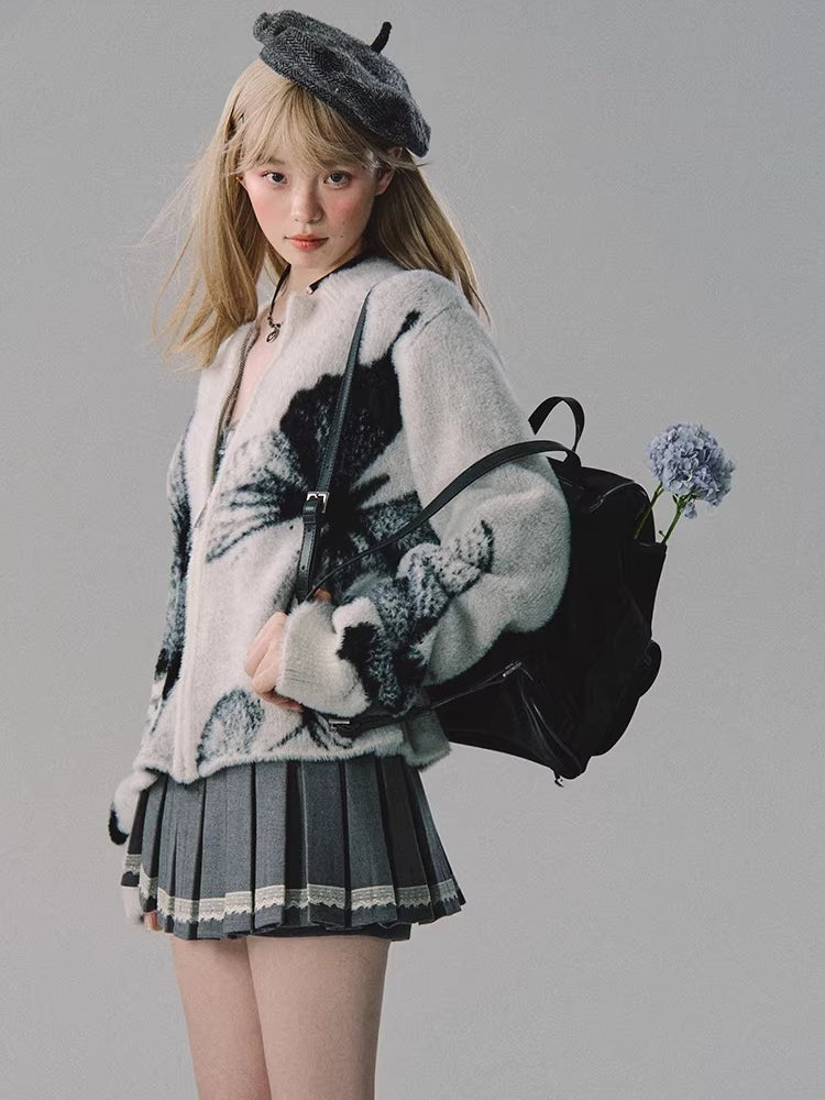 Double-Zip Jacquard Knit Cardigan