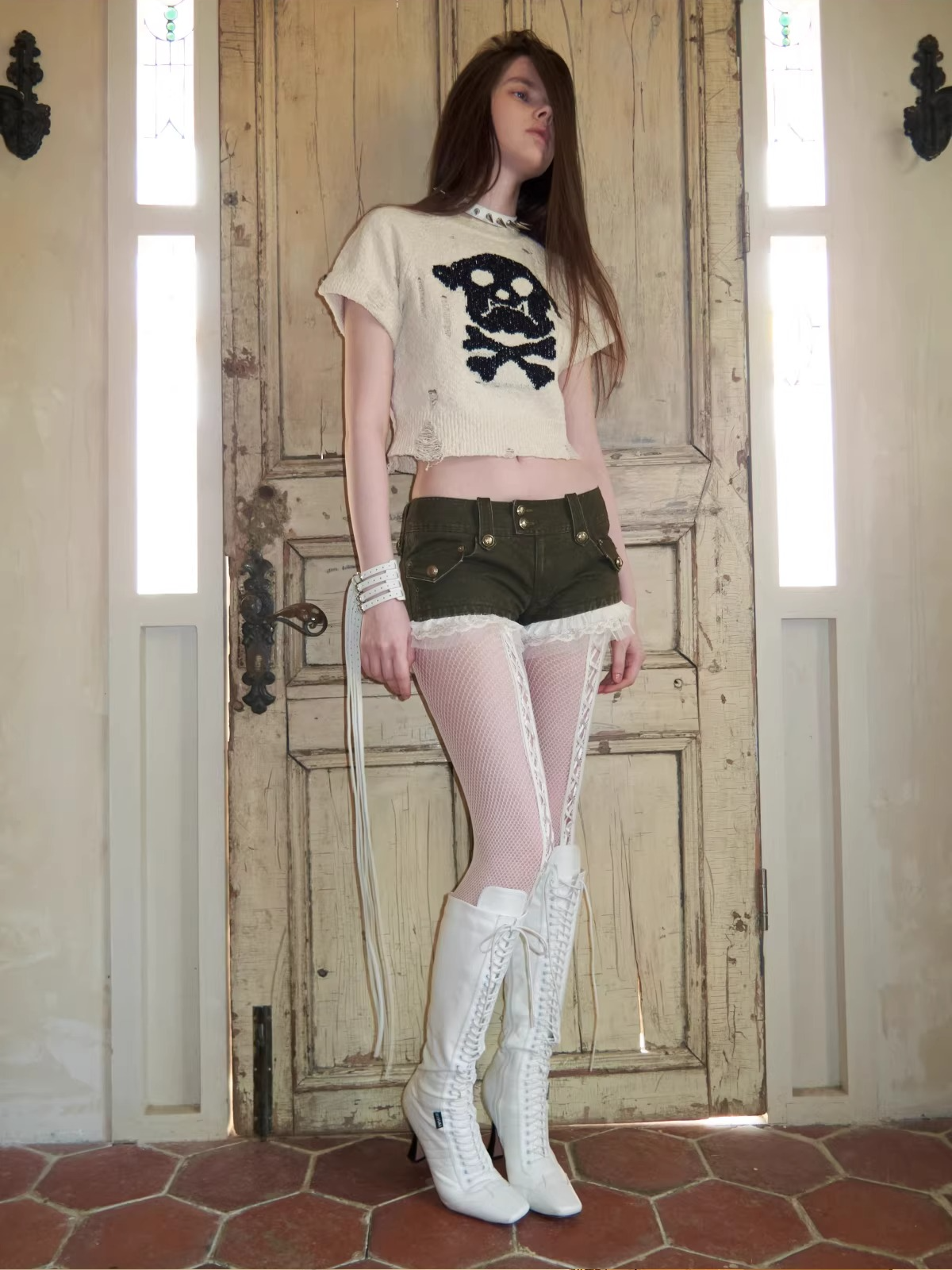 Skeleton Distressed Knit Short Sleeve Top