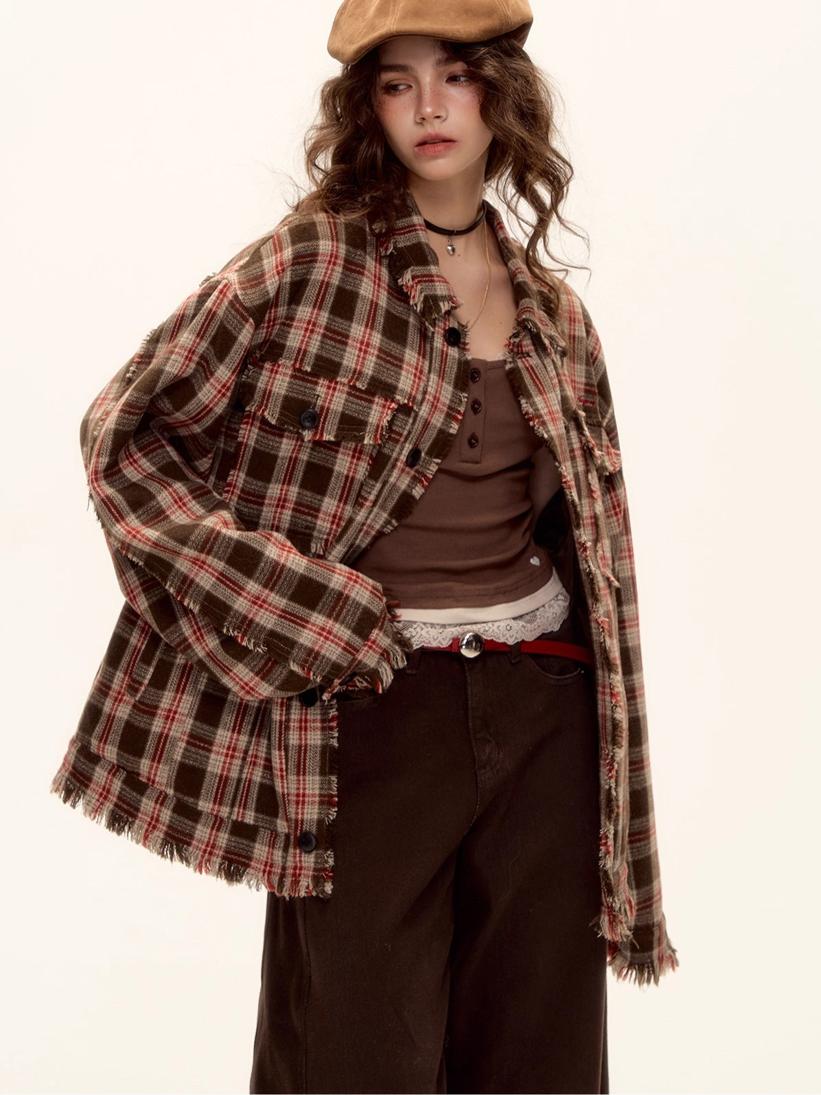 Wool Blend Checkered Contrast Fringe Shirt