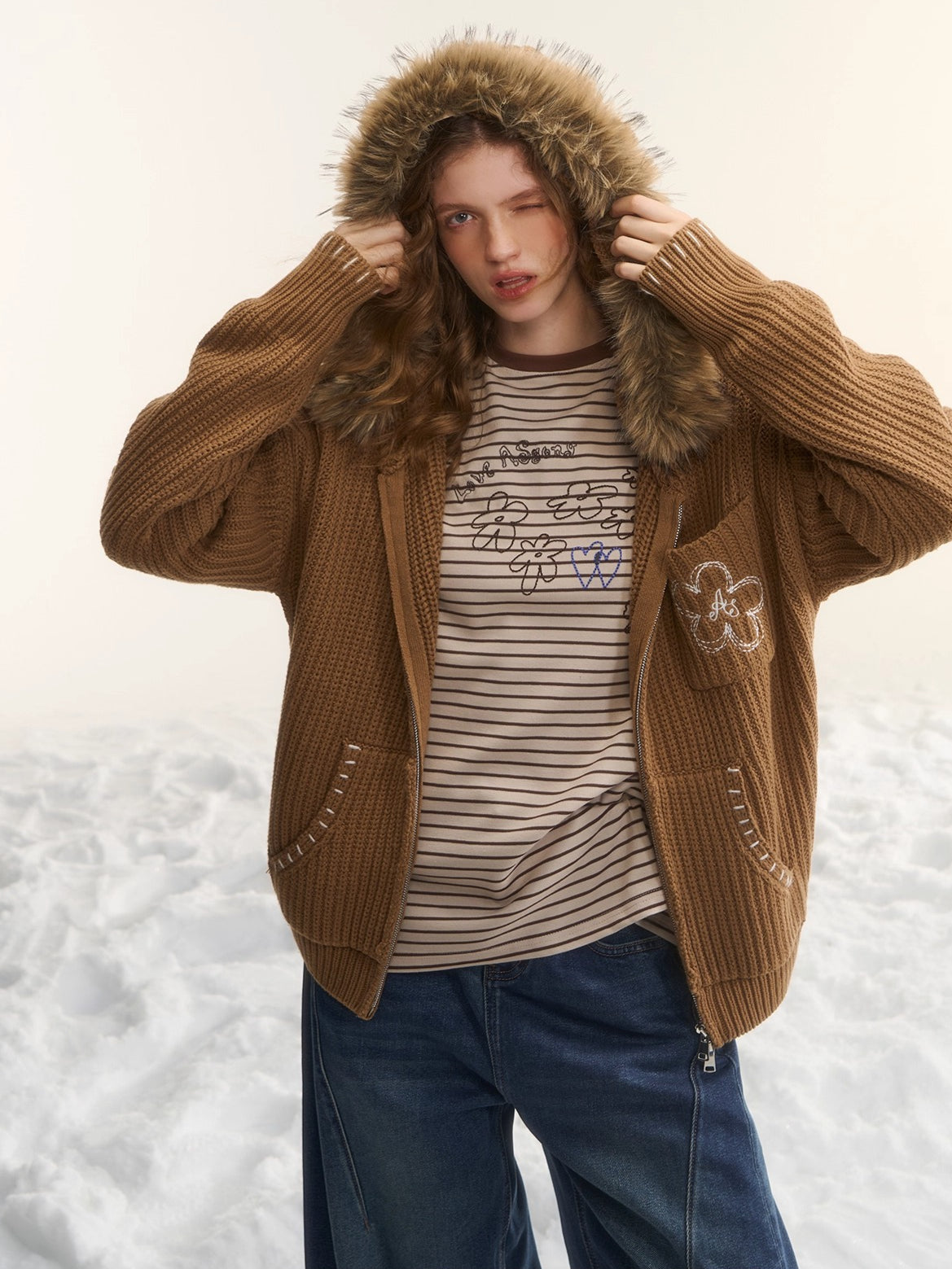 Embroidered Knit Zip-Up Hoodie Cardigan