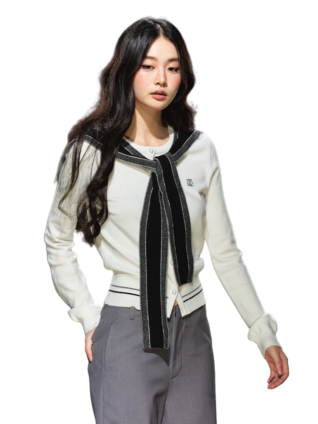 Miu-Inspired Contrast Trim Slim-Fit Knit Cardigan