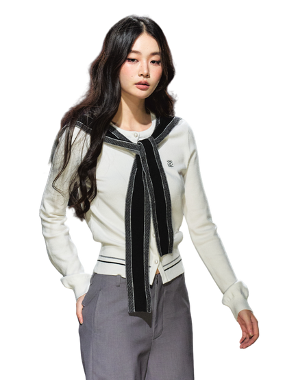 Miu-Inspired Contrast Trim Slim-Fit Knit Cardigan
