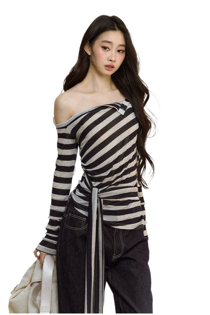 Asymmetric Stripe Off-Shoulder Tie Blouse