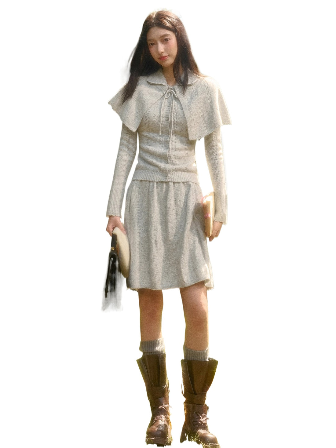 Snow Library Wool Knit Cape Cardigan &amp; Skirt Set