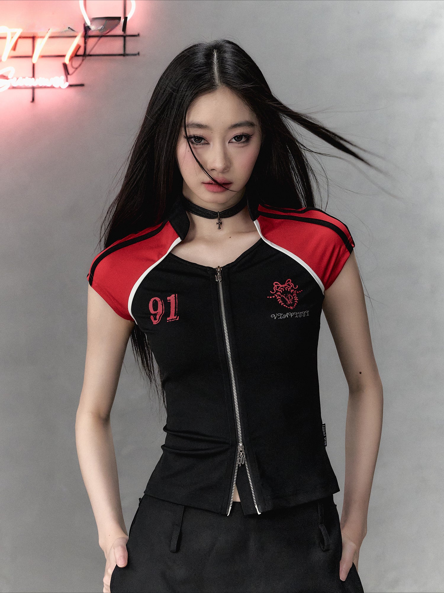 Black Color-blocking with Zipper Waist Short Sleeve