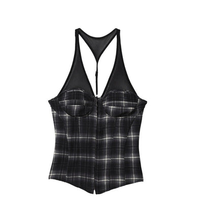 Plaid Mesh Panel Halter Corset