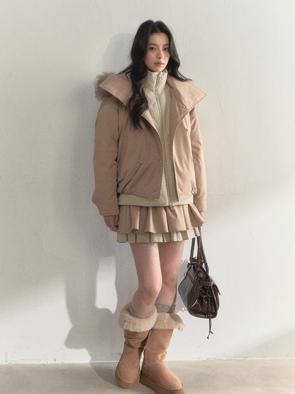 Khaki &amp; Pink Double-Breasted Layered Down Jacket