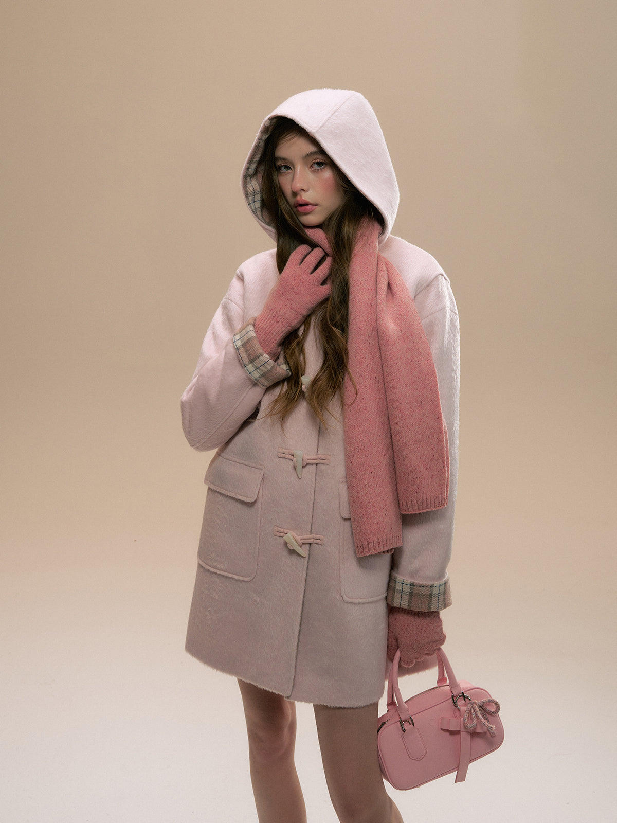 Pink Plaid Horn-buttoned Coat