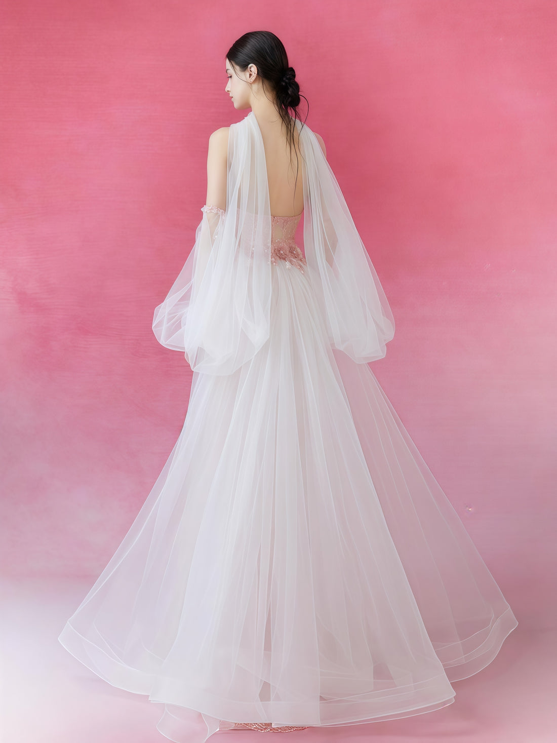 Rosé Illusion Embroidered Tulle Cape Gown
