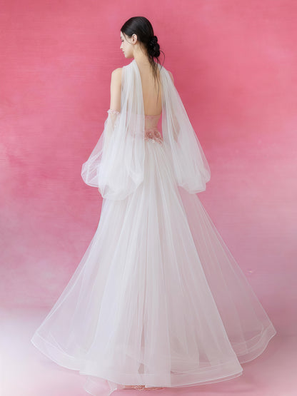 Rosé Illusion Embroidered Tulle Cape Gown