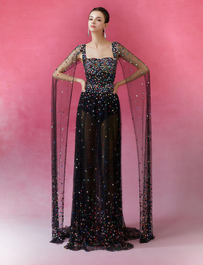 Midnight Sequin Illusion Cape Sleeve Gown