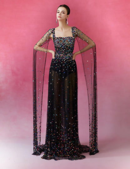 Midnight Sequin Illusion Cape Sleeve Gown