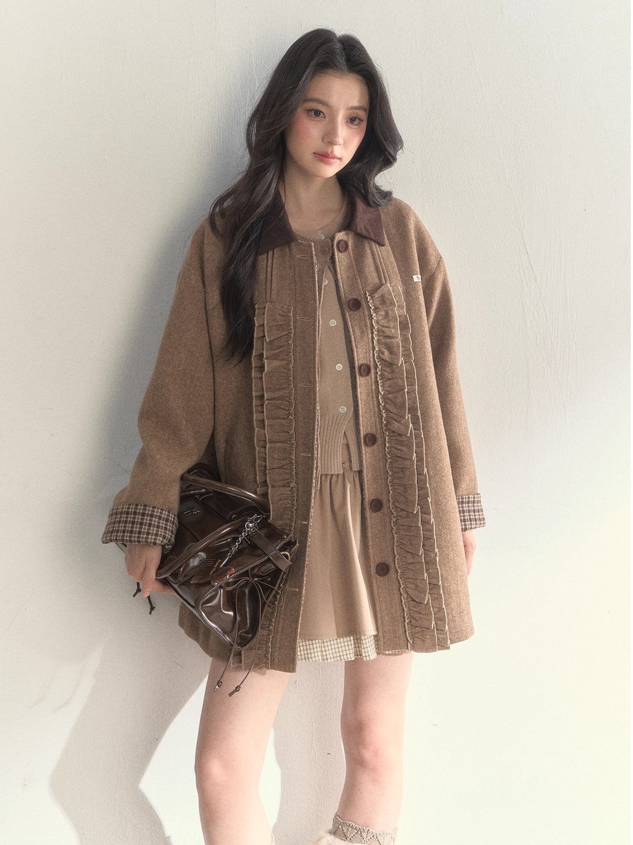 Vintage Khaki Wool Blend Ruffle-Trim Coat