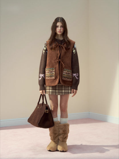 Mocha Fair Isle Reversible Tie-Front Shearling Vest