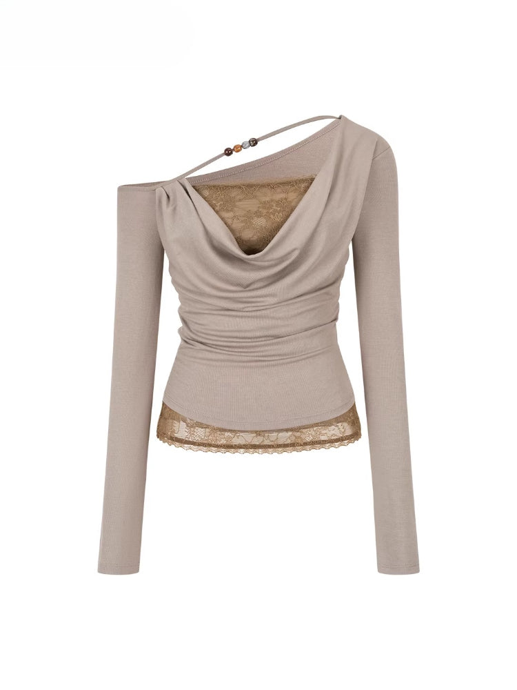 Fake Two-Piece Lace Off-Shoulder Beaded T-Shirt