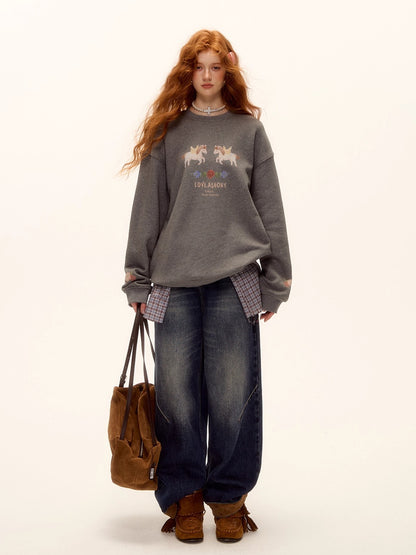 Suede-Panel Washed Denim Wide-Leg Jeans