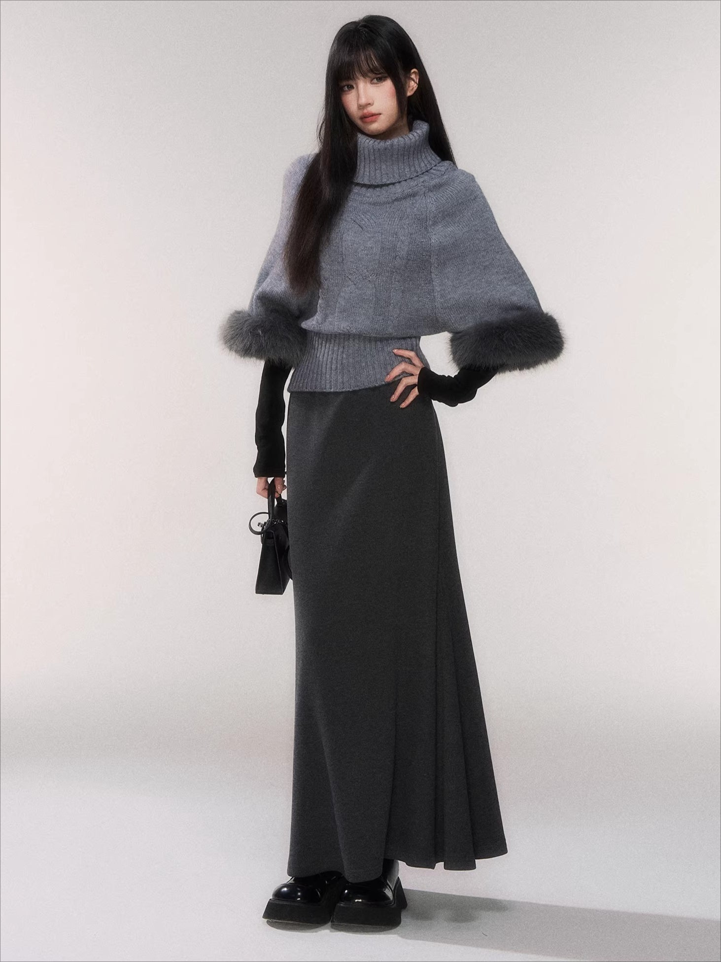 Cable-Knit Turtleneck Cape Sweater