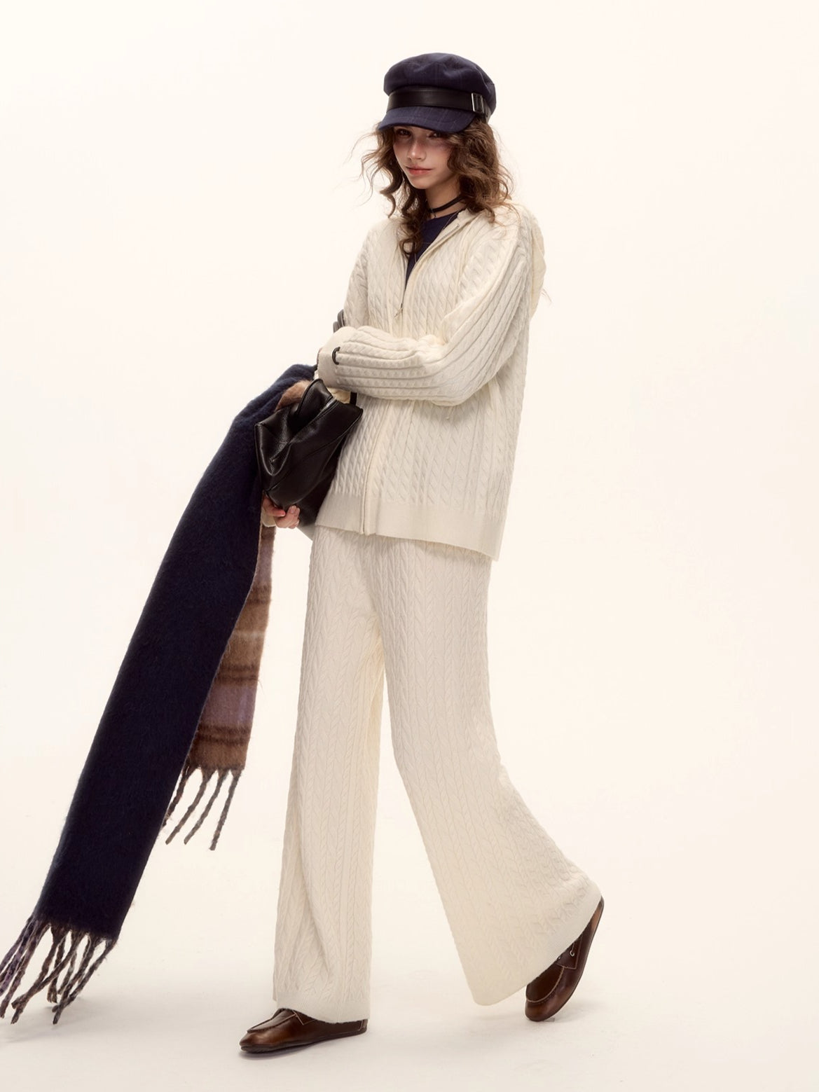 Wool Blend Cable Knit Zipped Hoodie &amp; Wide-Leg Pants Set