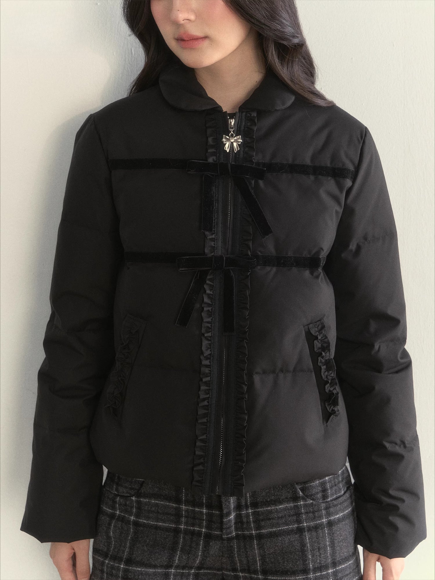 Velvet Bow Trim Down Jacket