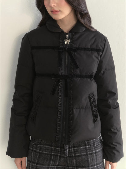 Velvet Bow Trim Down Jacket