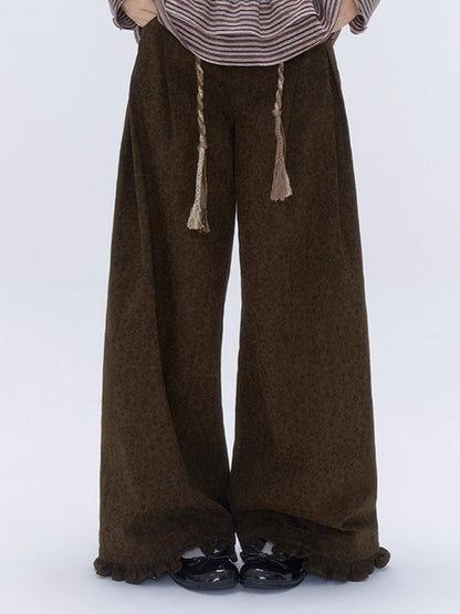 Leopard Pocket Pleated Wide-Leg Pants