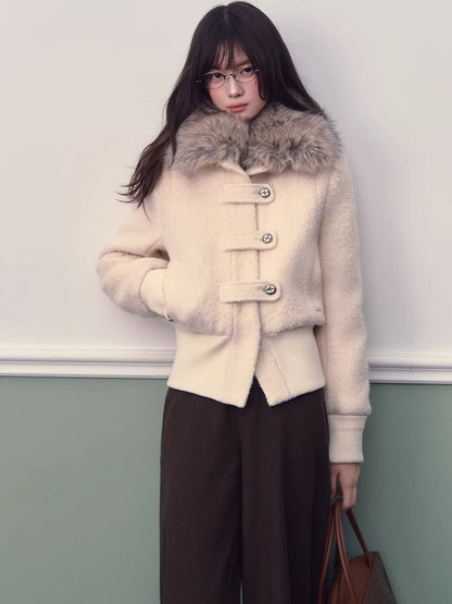 Wool-Blend Fur-Collar Short Down Jacket