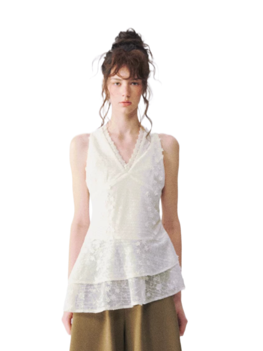Jacquard Lace Halterneck V-Neck Tank Top