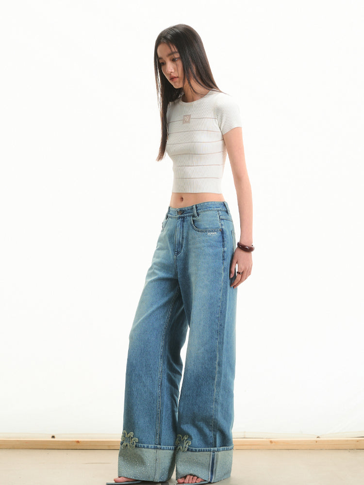 Transparent Rhinestone Straight-Leg Jeans