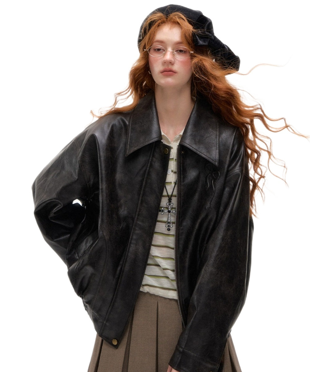 Vintage Bow Embossed Leather Jacket