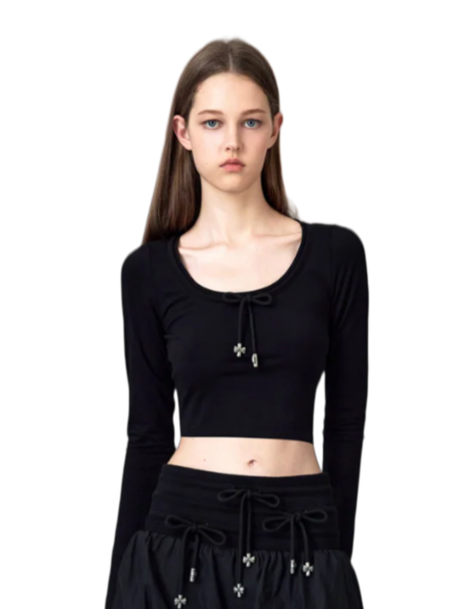 Bow Low-Cut Long-Sleeved Top