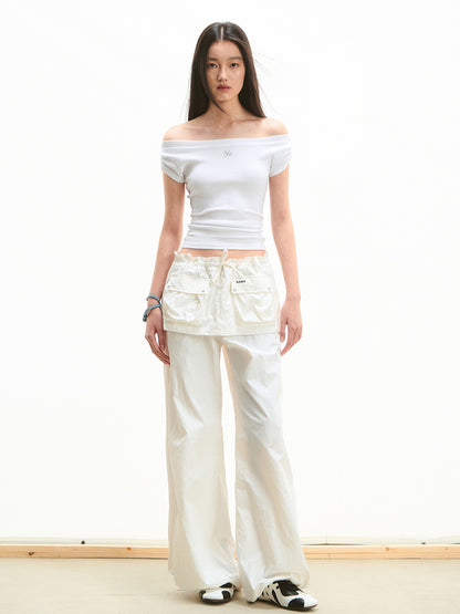 Faux Two-Piece Low-Waist Loose Drawstring Pants