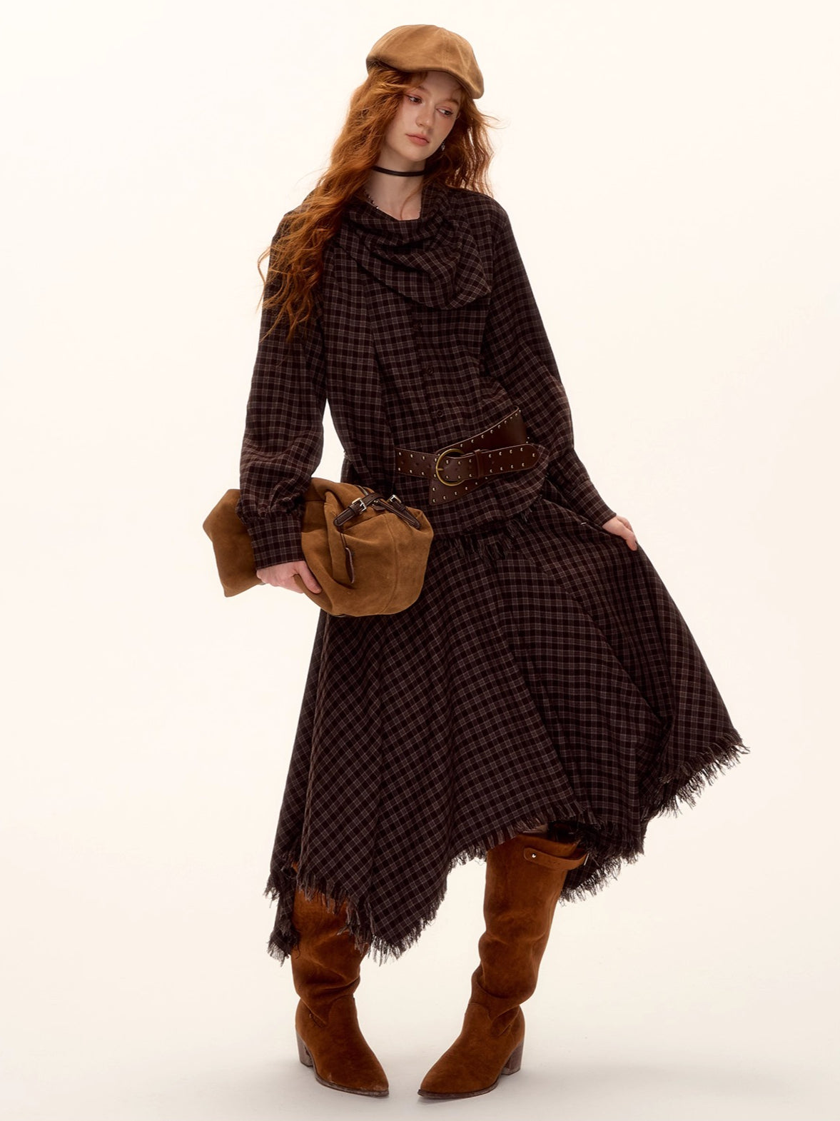 Frayed Hem Plaid Studded Belt Asymmetric A-Line Midi Skirt