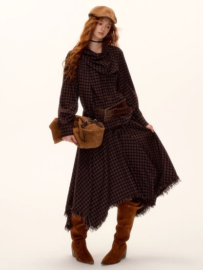 Frayed Hem Plaid Studded Belt Asymmetric A-Line Midi Skirt