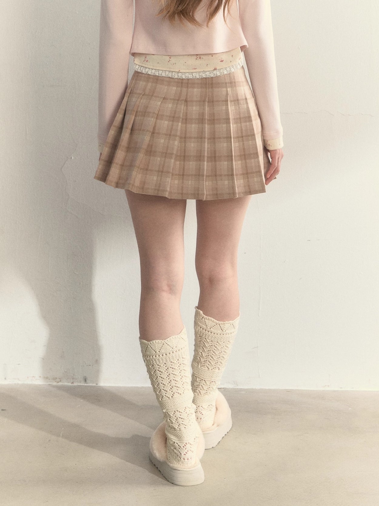 Vintage Plaid Wool Leather Buckle Pleated Skirt