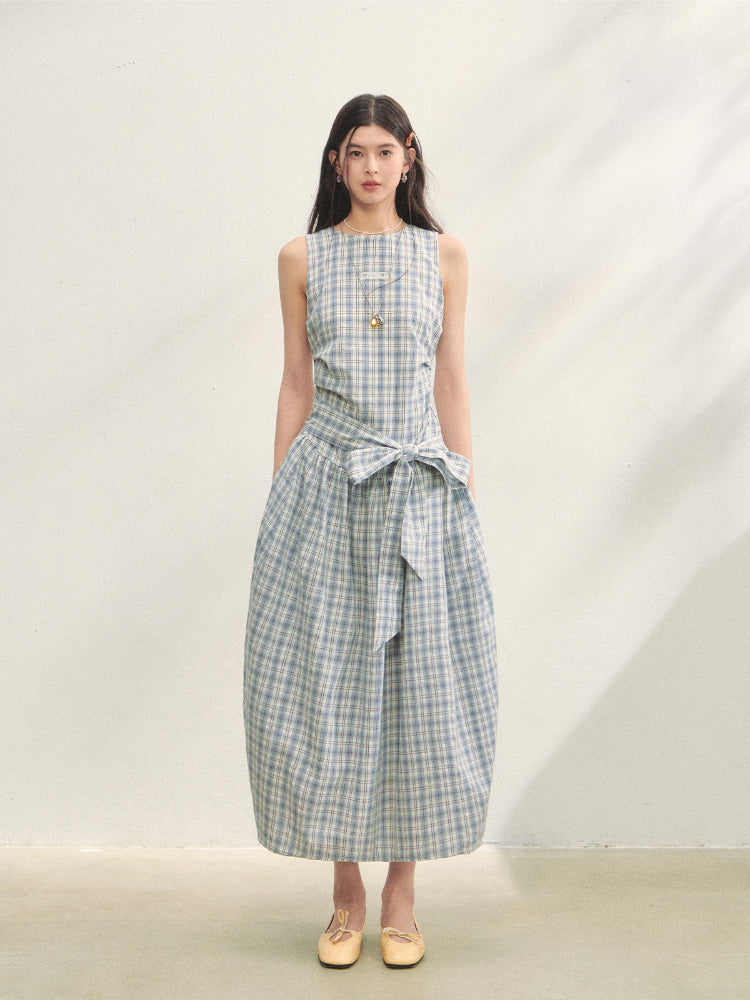 Belted Waist Checked Vest Dress - CHINASQUAD