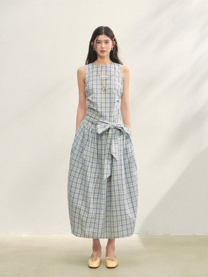 Belted Waist Checked Vest Dress - CHINASQUAD