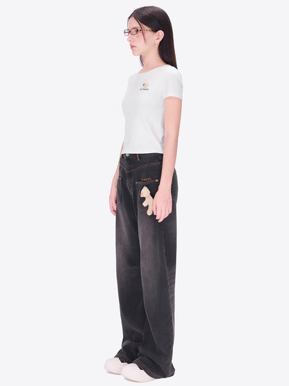 Relaxed Fleece-Lined Curved Denim Pants