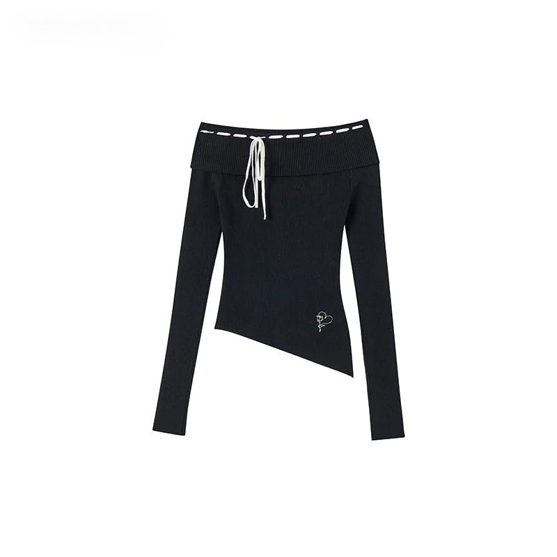 Black &amp; Brown Off-shoulder Knitted Long Sleeve T-shirt