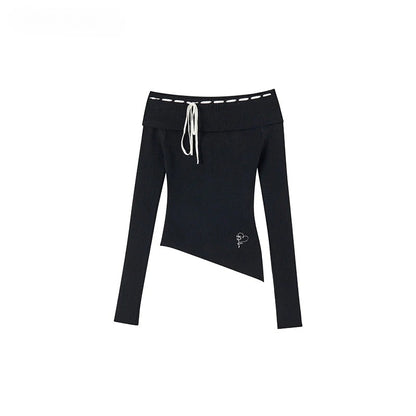 Black &amp; Brown Off-shoulder Knitted Long Sleeve T-shirt