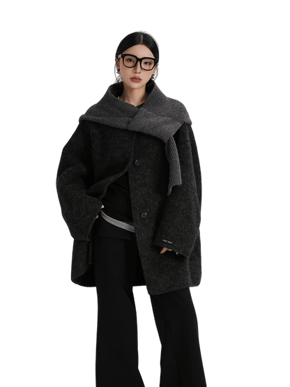 Knitted Hooded Scarf Mid-Length Wool Coat