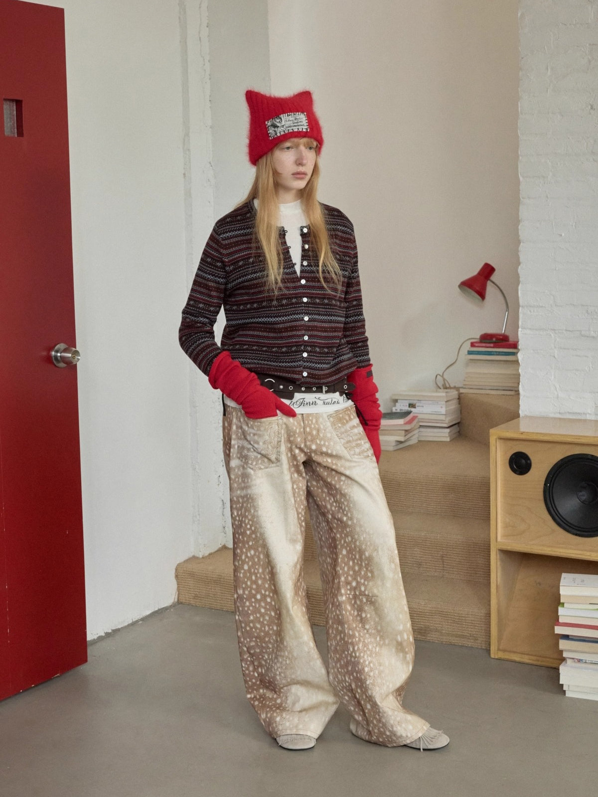 Fair Isle Pony Jacquard Drawstring Knit Cardigan