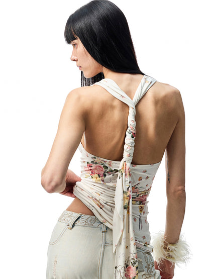 V-Neck Draped Collar Back Knot Tank Top - CHINASQUAD
