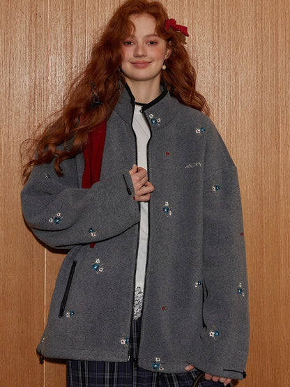 Floral Embroidered Plaid Fleece Oversized Jacket