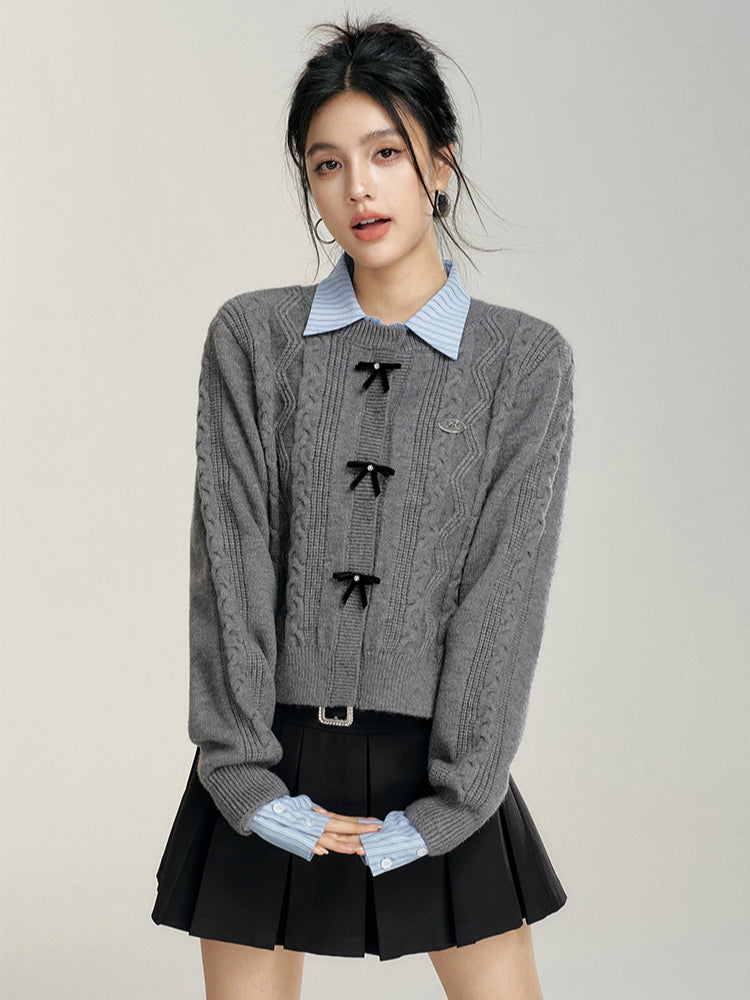 Bowknot Cable-Knit Round Neck Sweater