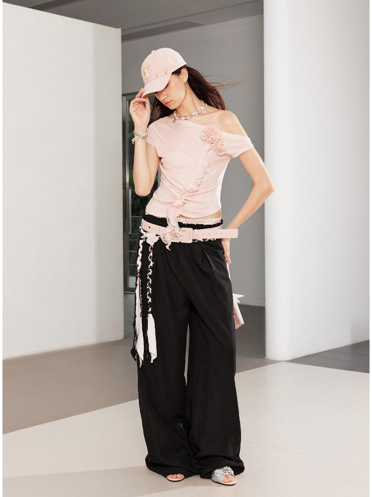 Irregular Ruffle Flower Asymmetric Shoulder Top