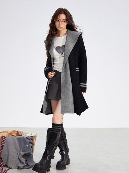 Detachable Collar Knit Hooded Long Cardigan